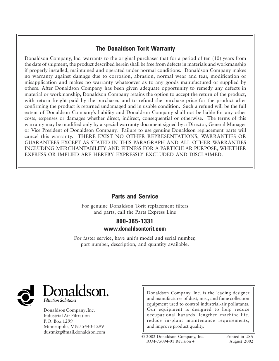 Parts and service, The donaldson torit warranty | Burr King BK75 User Manual | Page 35 / 35