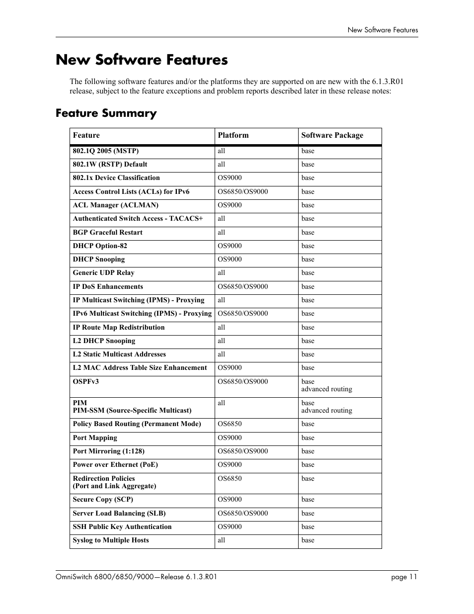 New software features, Feature summary | Alcatel-Lucent 6850 User Manual | Page 11 / 86