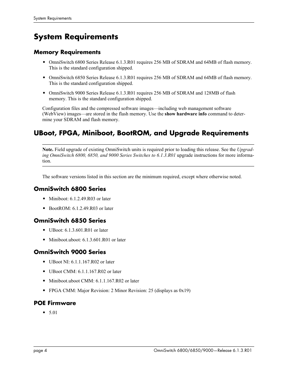 System requirements, Memory requirements, Omniswitch 6800 series | Omniswitch 6850 series, Omniswitch 9000 series, Poe firmware | Alcatel-Lucent 6850 User Manual | Page 4 / 86