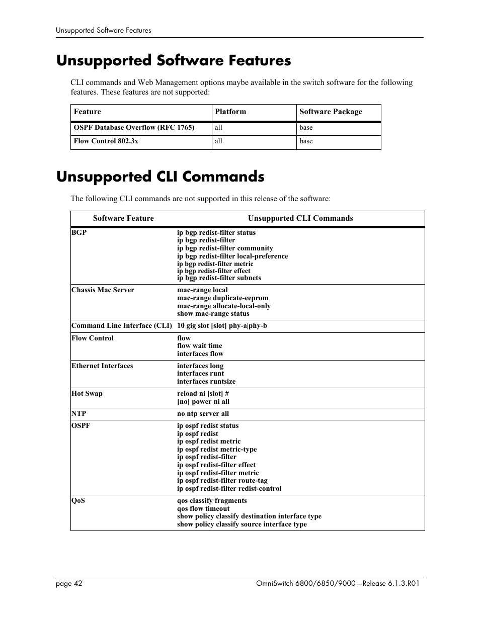 Unsupported software features, Unsupported cli commands, Es, see | S, see | Alcatel-Lucent 6850 User Manual | Page 42 / 86