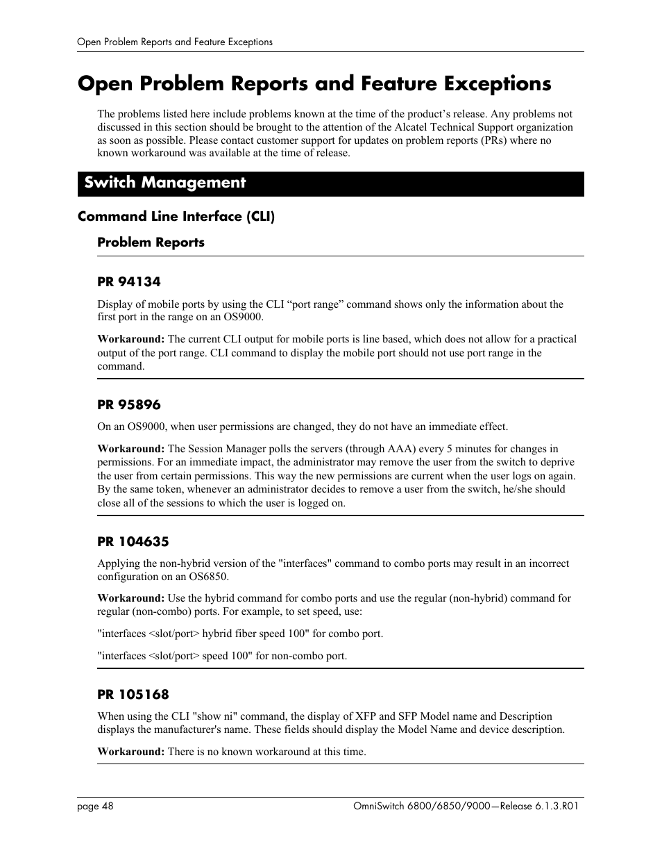 Open problem reports and feature exceptions, Switch management, Command line interface (cli) | Alcatel-Lucent 6850 User Manual | Page 48 / 86