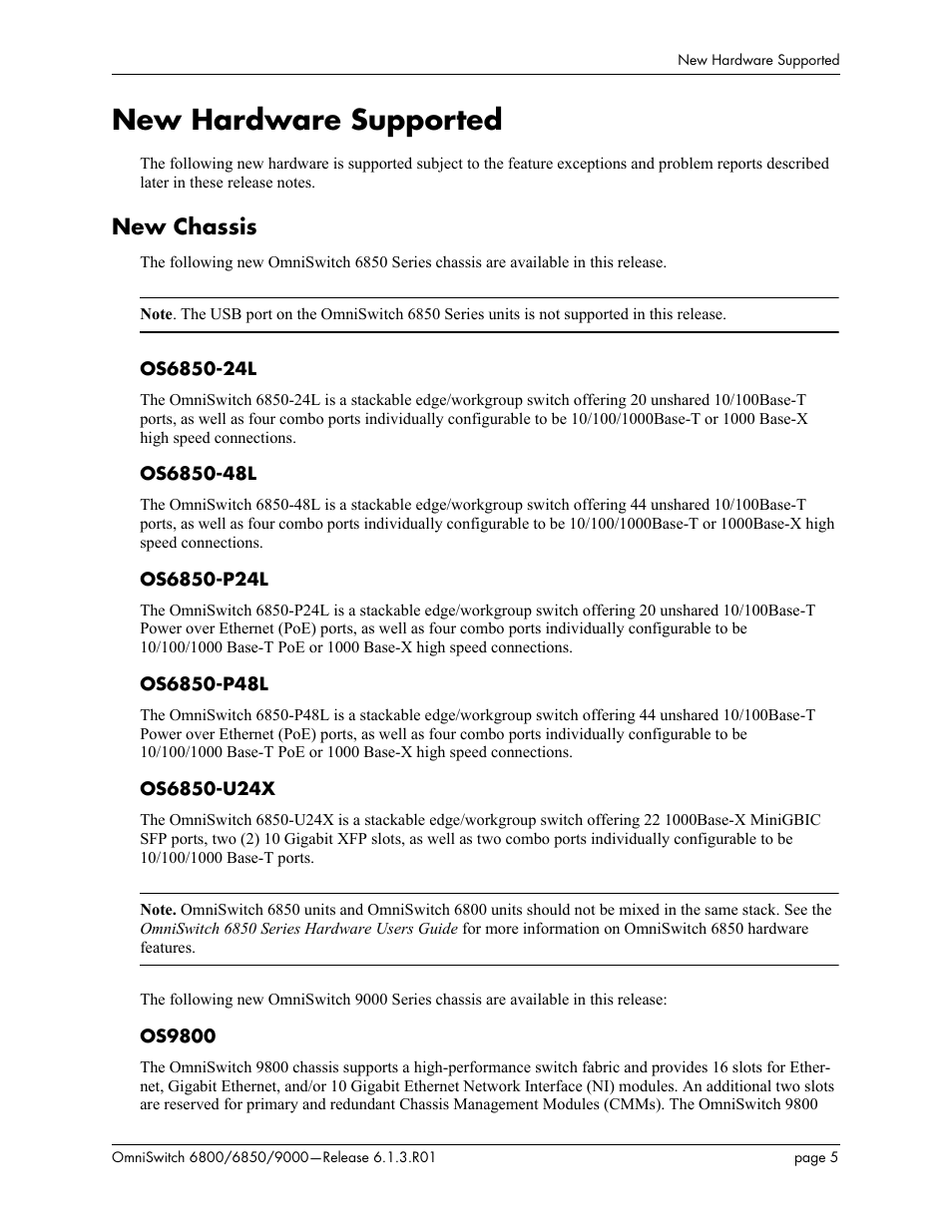 New hardware supported, New chassis | Alcatel-Lucent 6850 User Manual | Page 5 / 86