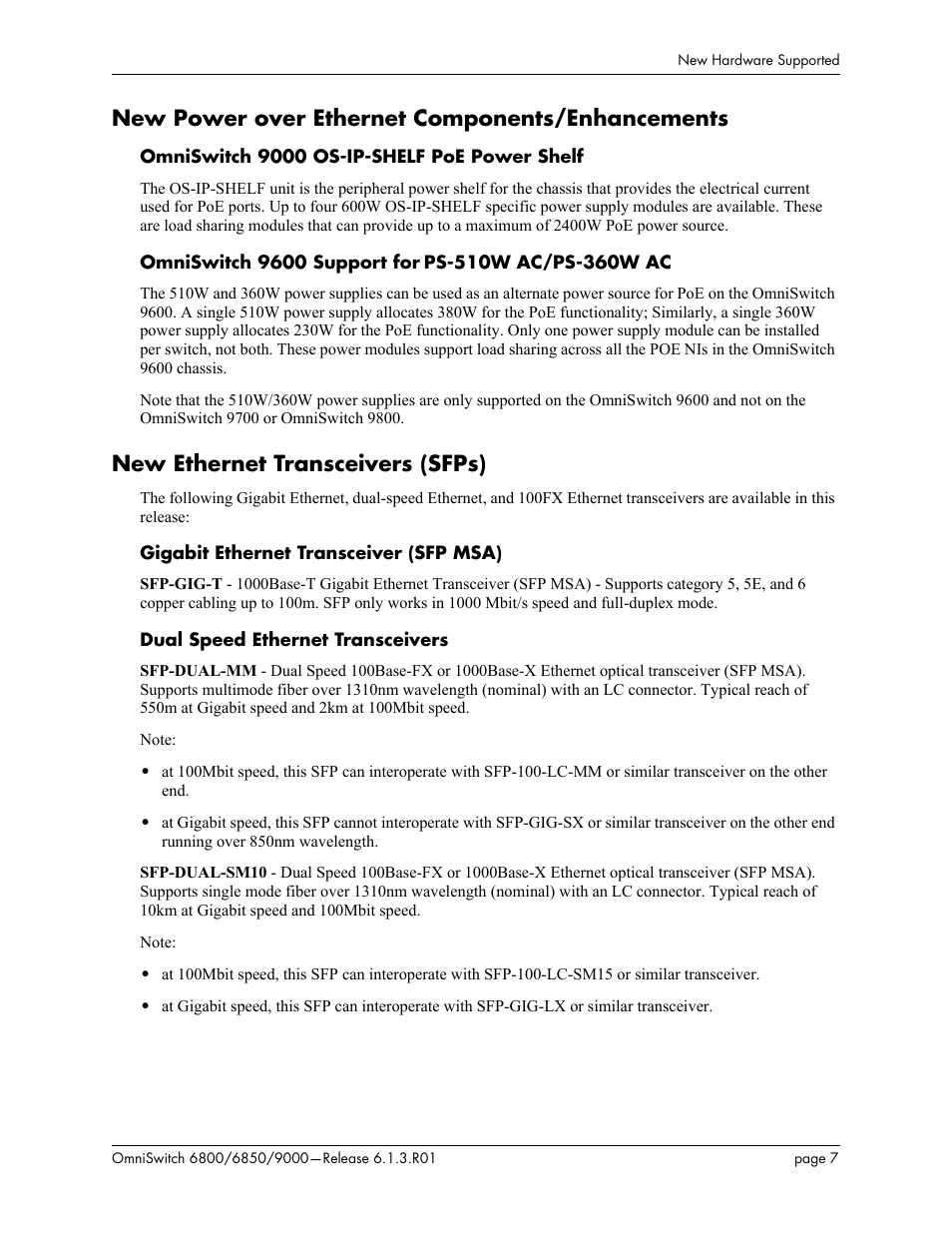 New power over ethernet components/enhancements, New ethernet transceivers (sfps) | Alcatel-Lucent 6850 User Manual | Page 7 / 86
