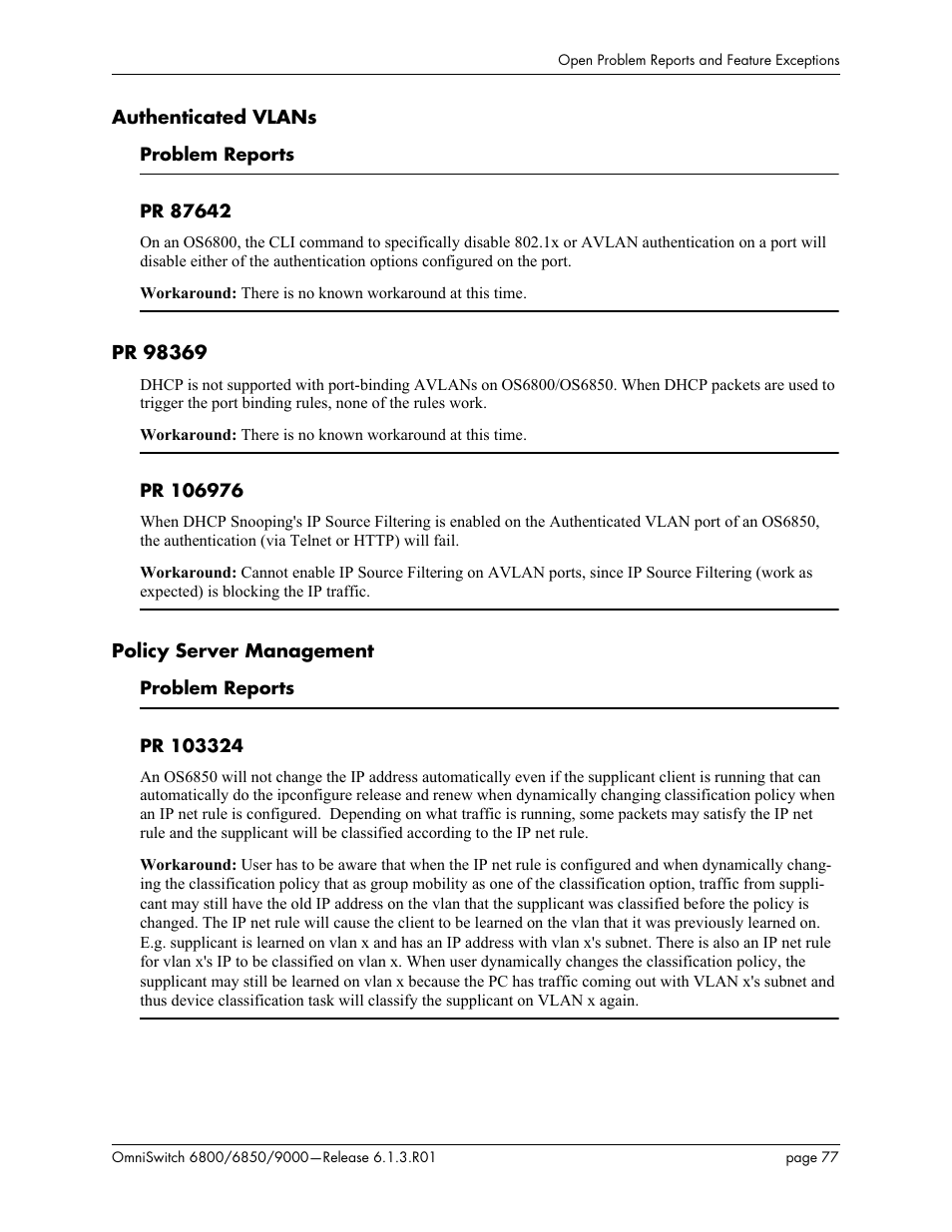 Authenticated vlans, Pr 98369, Policy server management | Alcatel-Lucent 6850 User Manual | Page 77 / 86