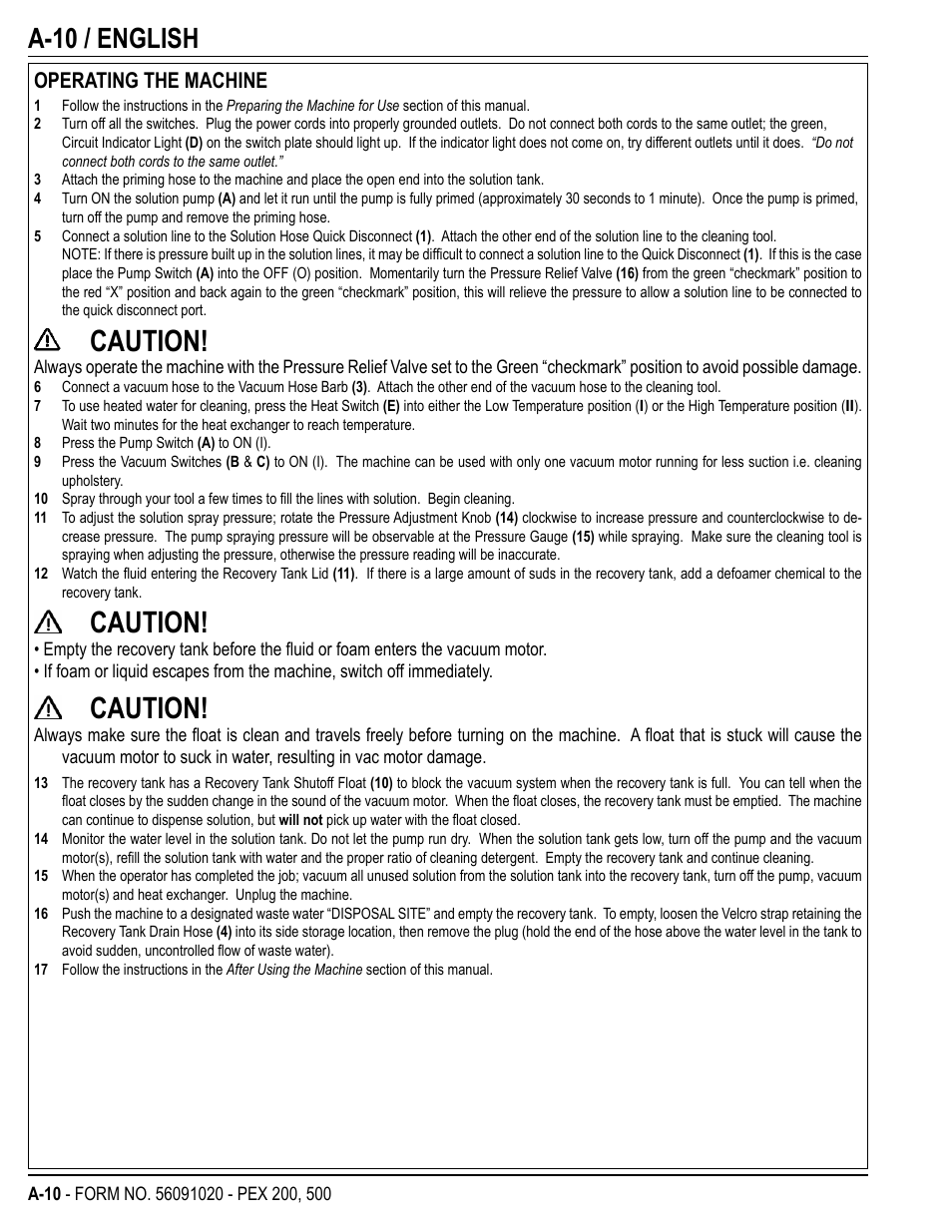Caution, A-10 / english, Operating the machine | U.S. Products PEX 500 User Manual | Page 10 / 56
