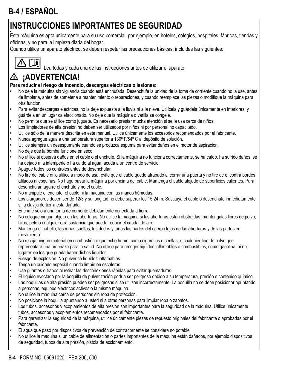 Instrucciones importantes de seguridad, Advertencia, B-4 / español | U.S. Products PEX 500 User Manual | Page 16 / 56