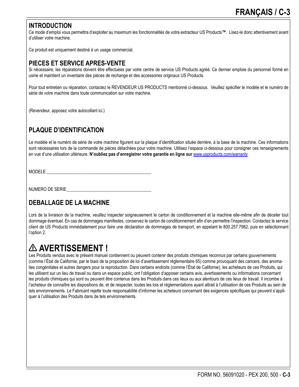 Avertissement, Français / c-3 | U.S. Products PEX 500 User Manual | Page 27 / 56