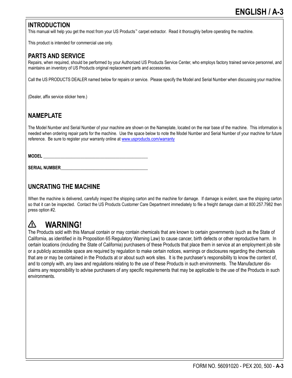 English / a-3, Warning, Introduction | Parts and service, Nameplate, Uncrating the machine | U.S. Products PEX 500 User Manual | Page 3 / 56