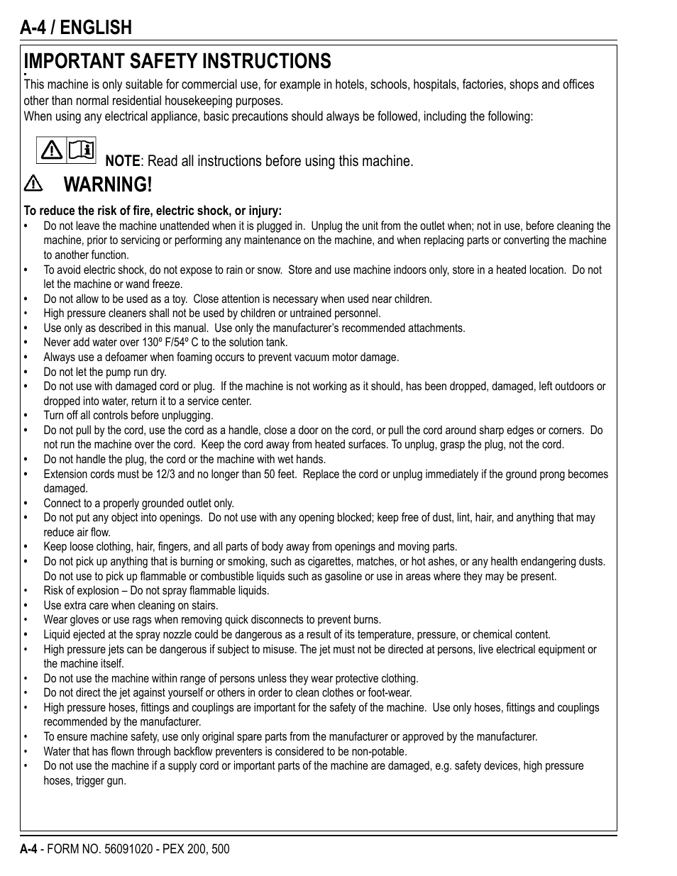 Important safety instructions, Warning, A-4 / english | U.S. Products PEX 500 User Manual | Page 4 / 56