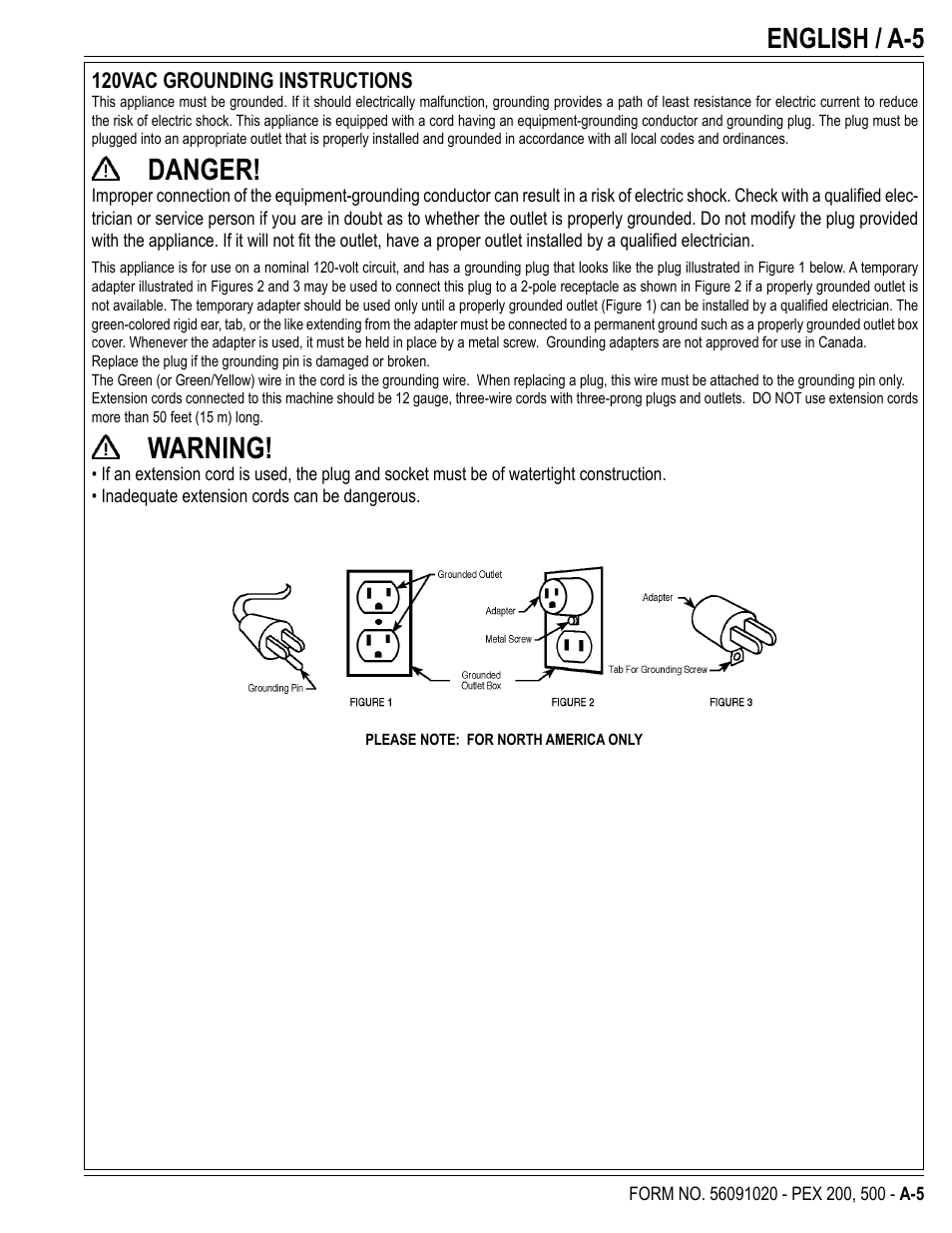 Danger, Warning, English / a-5 | U.S. Products PEX 500 User Manual | Page 5 / 56