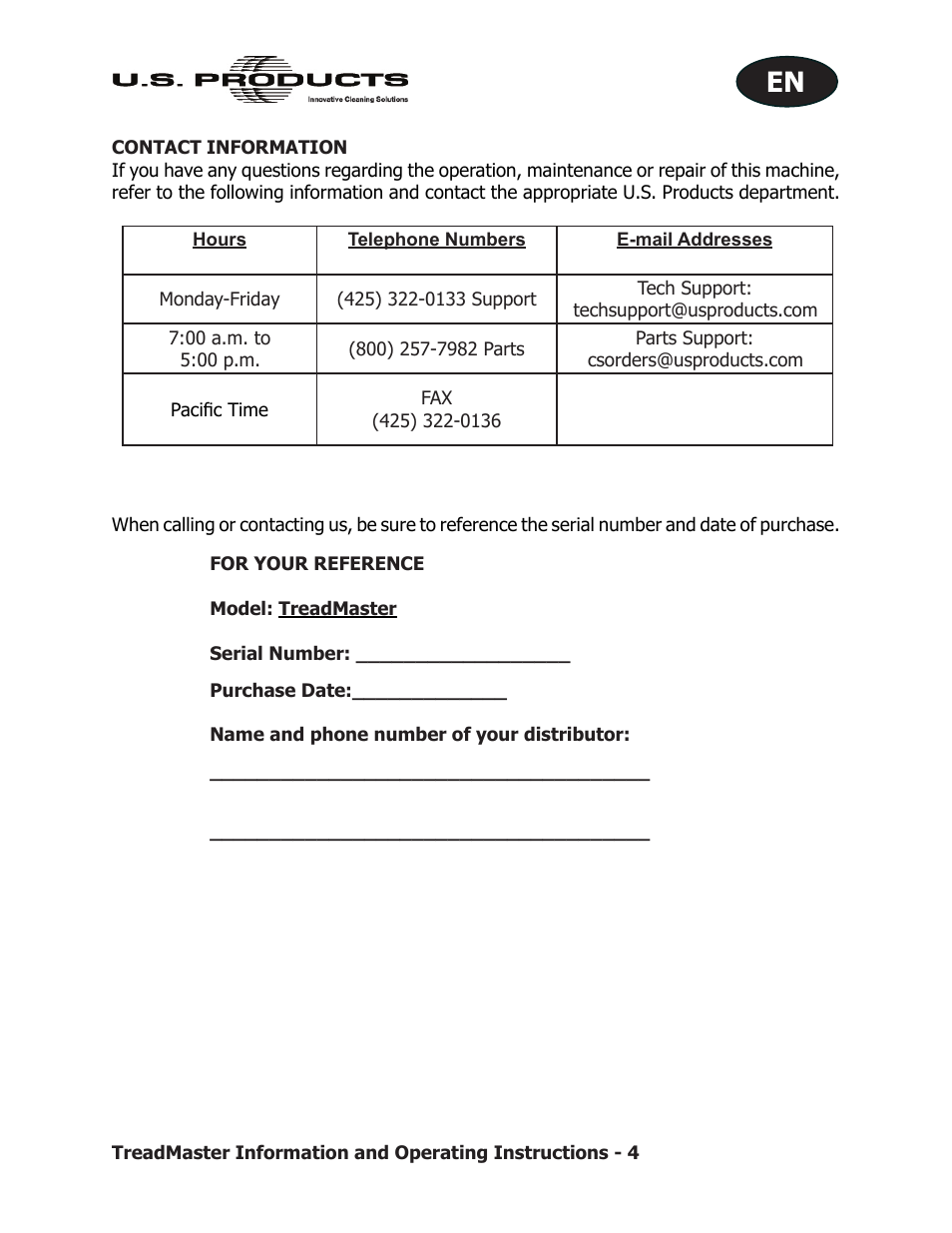 U.S. Products TREADMASTER User Manual | Page 10 / 70