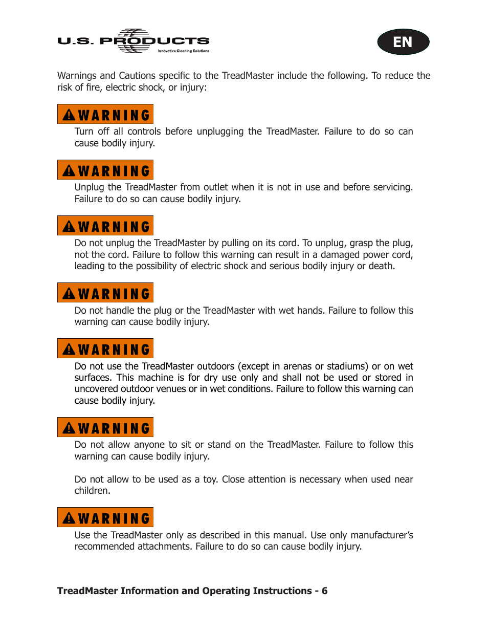 U.S. Products TREADMASTER User Manual | Page 12 / 70