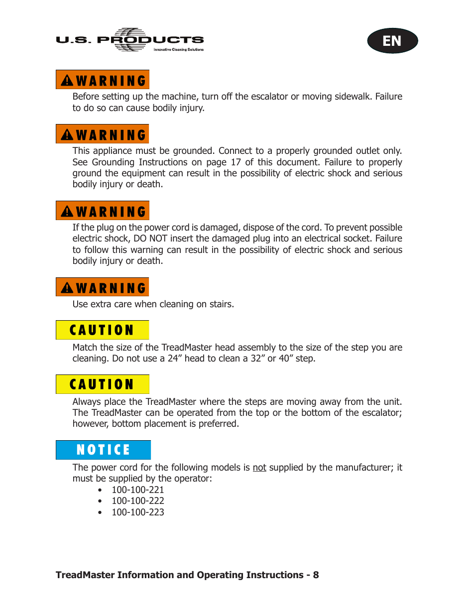 U.S. Products TREADMASTER User Manual | Page 14 / 70