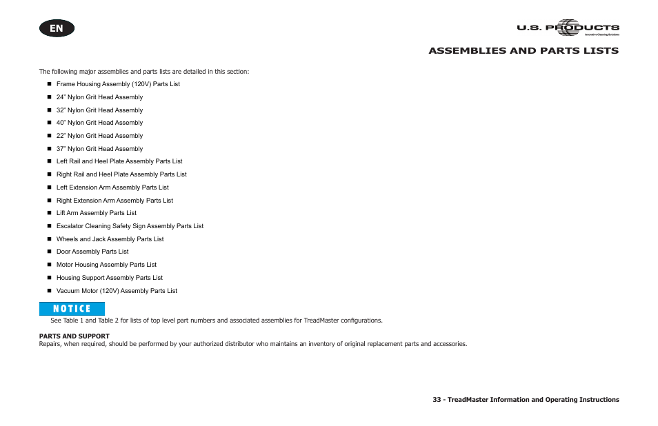 Assemblies and parts lists, Parts and support | U.S. Products TREADMASTER User Manual | Page 39 / 70