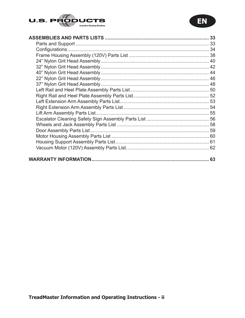 U.S. Products TREADMASTER User Manual | Page 4 / 70