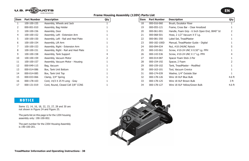 Frame housing assembly (120v) parts list | U.S. Products TREADMASTER User Manual | Page 44 / 70