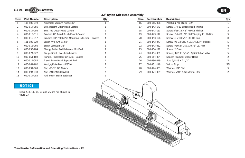 32” nylon grit head assembly | U.S. Products TREADMASTER User Manual | Page 48 / 70
