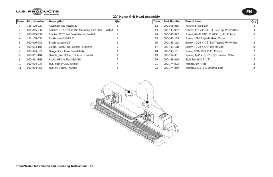 22” nylon grit head assembly | U.S. Products TREADMASTER User Manual | Page 52 / 70