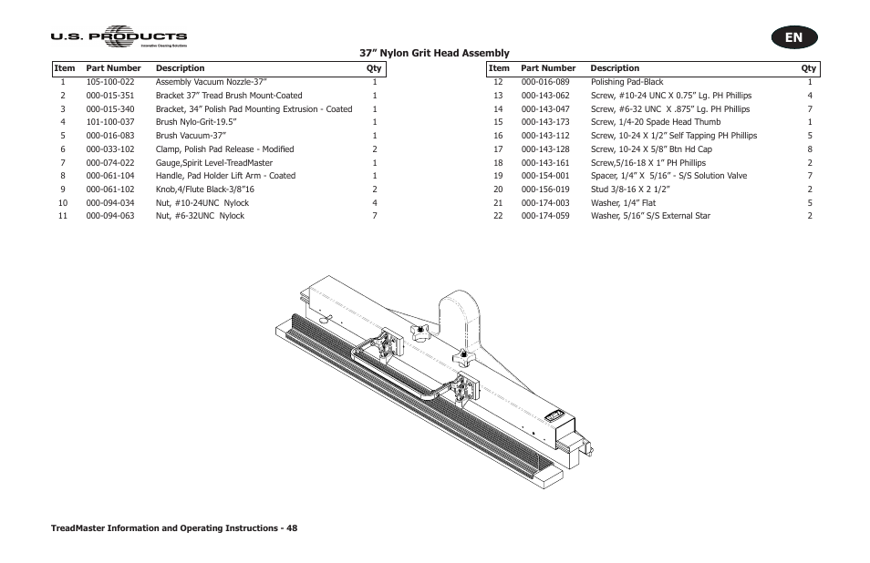 37” nylon grit head assembly | U.S. Products TREADMASTER User Manual | Page 54 / 70