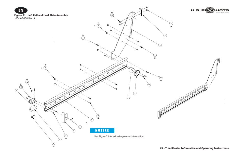 Figure 31. left rail and heel plate assembly | U.S. Products TREADMASTER User Manual | Page 55 / 70
