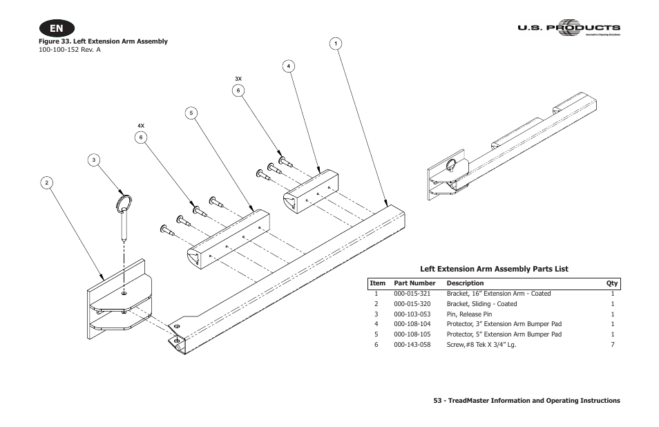 Left extension arm assembly parts list, Figure 33. left extension arm assembly | U.S. Products TREADMASTER User Manual | Page 59 / 70
