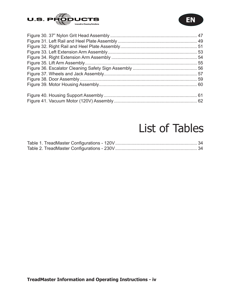 List of tables | U.S. Products TREADMASTER User Manual | Page 6 / 70