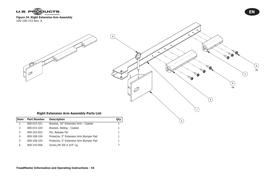 Right extension arm assembly parts list, Figure 34. right extension arm assembly | U.S. Products TREADMASTER User Manual | Page 60 / 70