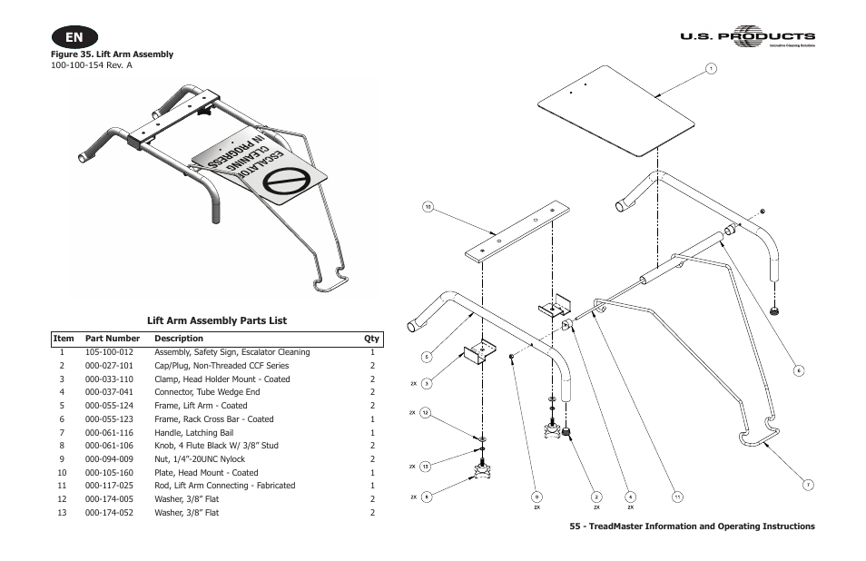 Lift arm assembly parts list, Figure 35. lift arm assembly | U.S. Products TREADMASTER User Manual | Page 61 / 70