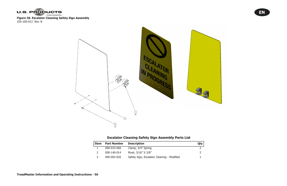 Escalator cleaning safety sign assembly parts list, Figure 36. escalator cleaning safety sign assembly | U.S. Products TREADMASTER User Manual | Page 62 / 70