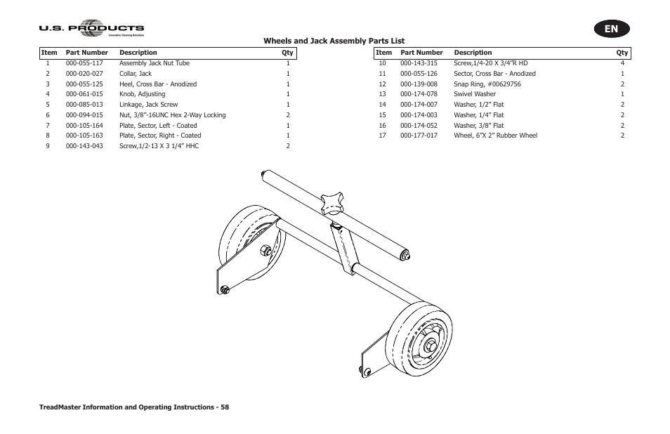 Wheels and jack assembly parts list | U.S. Products TREADMASTER User Manual | Page 64 / 70