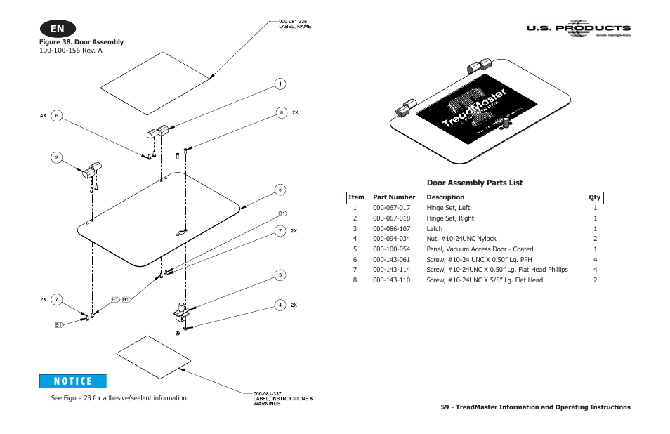 Door assembly parts list, Figure 38. door assembly | U.S. Products TREADMASTER User Manual | Page 65 / 70