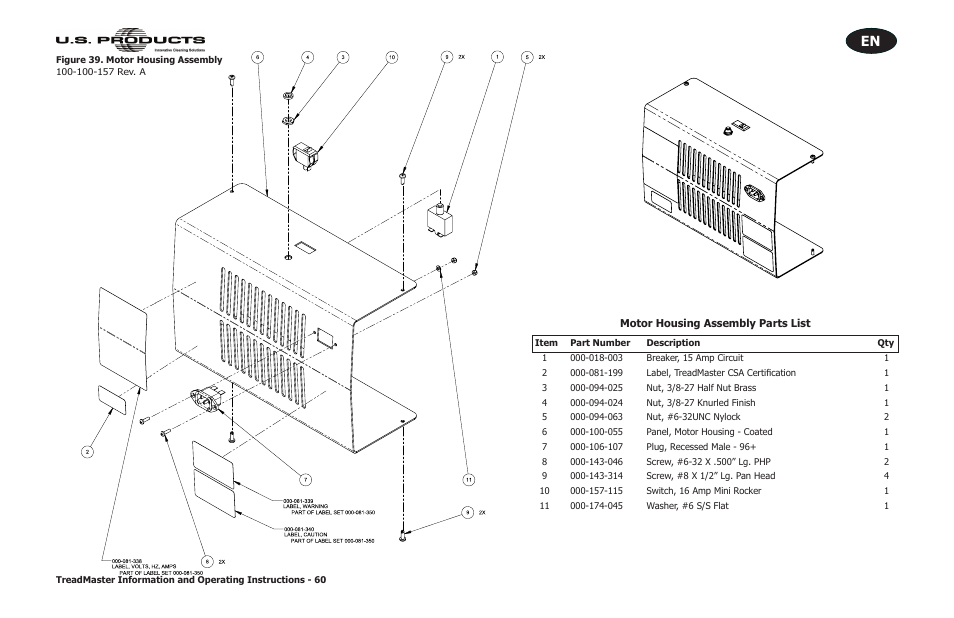 Motor housing assembly parts list, Figure 39. motor housing assembly | U.S. Products TREADMASTER User Manual | Page 66 / 70