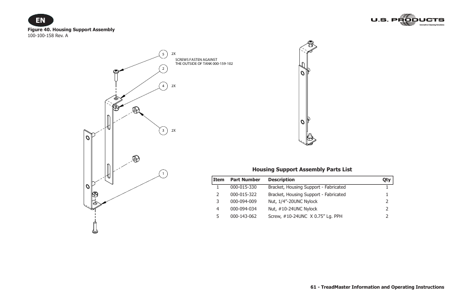 Housing support assembly parts list, Figure 40. housing support assembly | U.S. Products TREADMASTER User Manual | Page 67 / 70