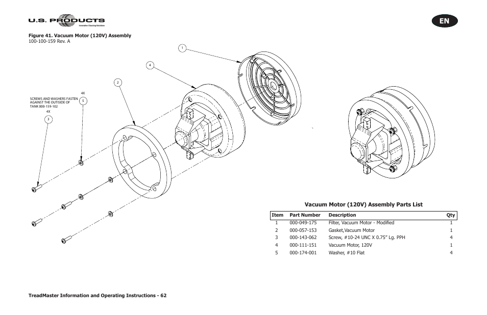 Vacuum motor (120v) assembly parts list, Figure 41. vacuum motor (120v) assembly | U.S. Products TREADMASTER User Manual | Page 68 / 70