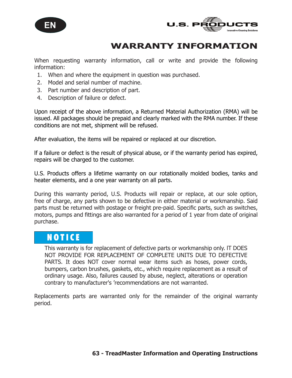 Warranty information | U.S. Products TREADMASTER User Manual | Page 69 / 70