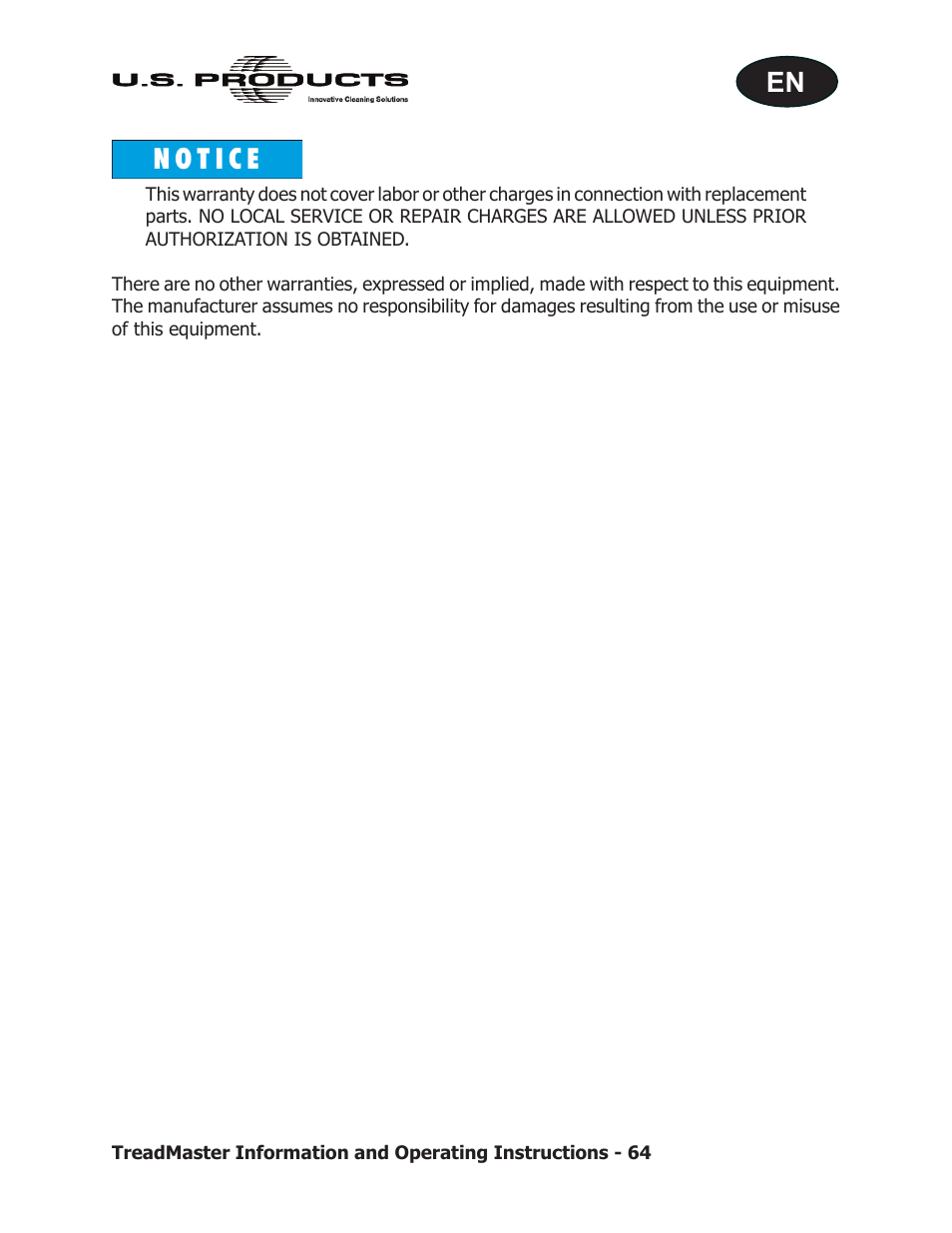 U.S. Products TREADMASTER User Manual | Page 70 / 70