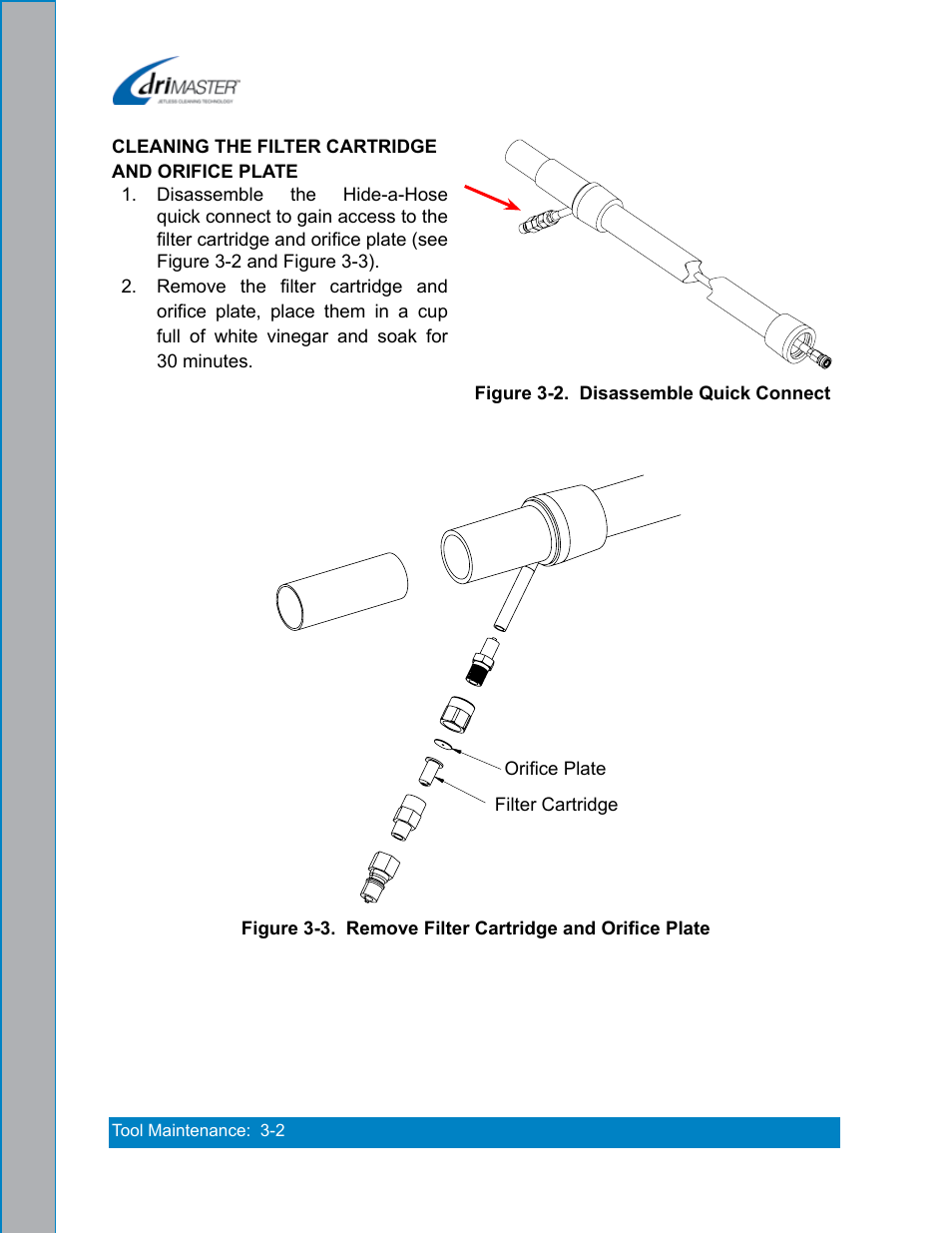 Cleaning the filter cartridge and orifice plate -2, Figure 3-2. disassemble quick connect -2 | U.S. Products DRIMASTER 3 UPHOLSTERY TOOL User Manual | Page 16 / 32