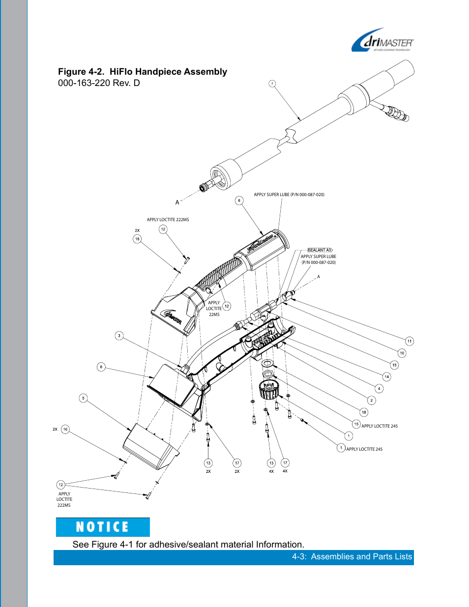 Figure 4-2. hiflo handpiece assembly -3, 3: assemblies and parts lists | U.S. Products DRIMASTER 3 UPHOLSTERY TOOL User Manual | Page 23 / 32
