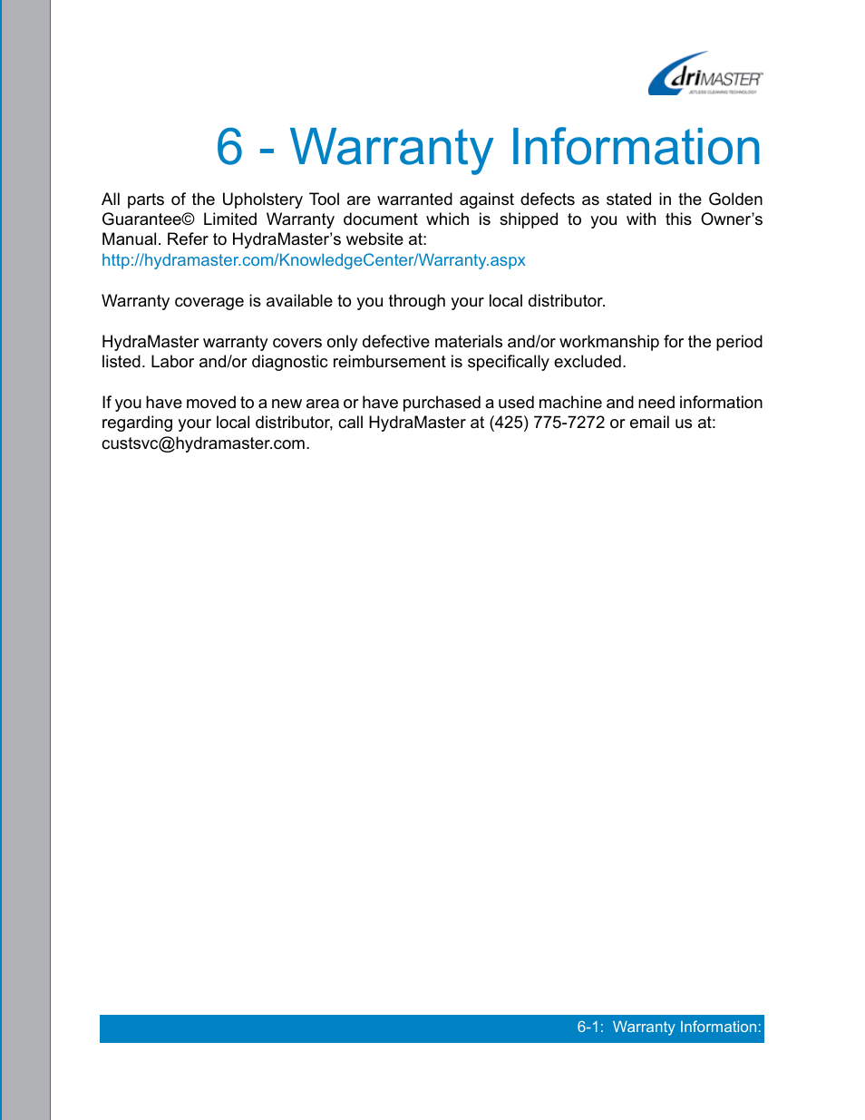 6 - warranty information | U.S. Products DRIMASTER 3 UPHOLSTERY TOOL User Manual | Page 31 / 32