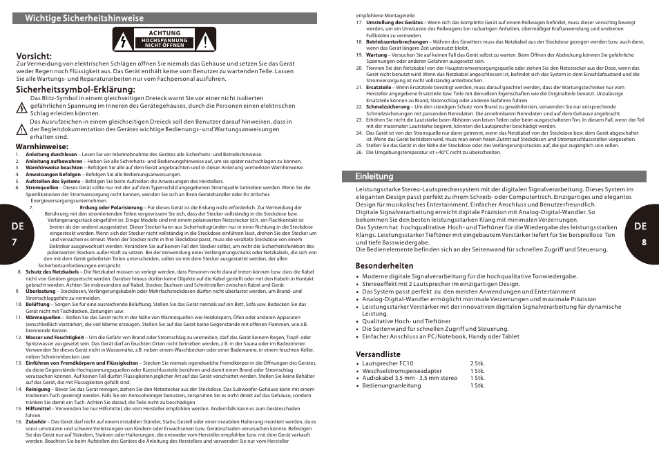 De 7-8, De 7 de, Wichtige sicherheitshinweise | Vorsicht, Einleitung, Sicherheitssymbol-erklärung | Microlab FC 10 User Manual | Page 5 / 17