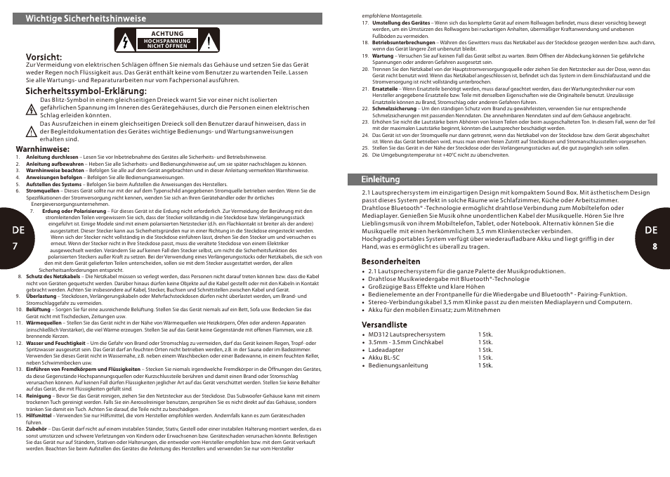 De 7-8, De 7 de, Wichtige sicherheitshinweise | Vorsicht, Einleitung, Sicherheitssymbol-erklärung | Microlab MD 312 User Manual | Page 5 / 17