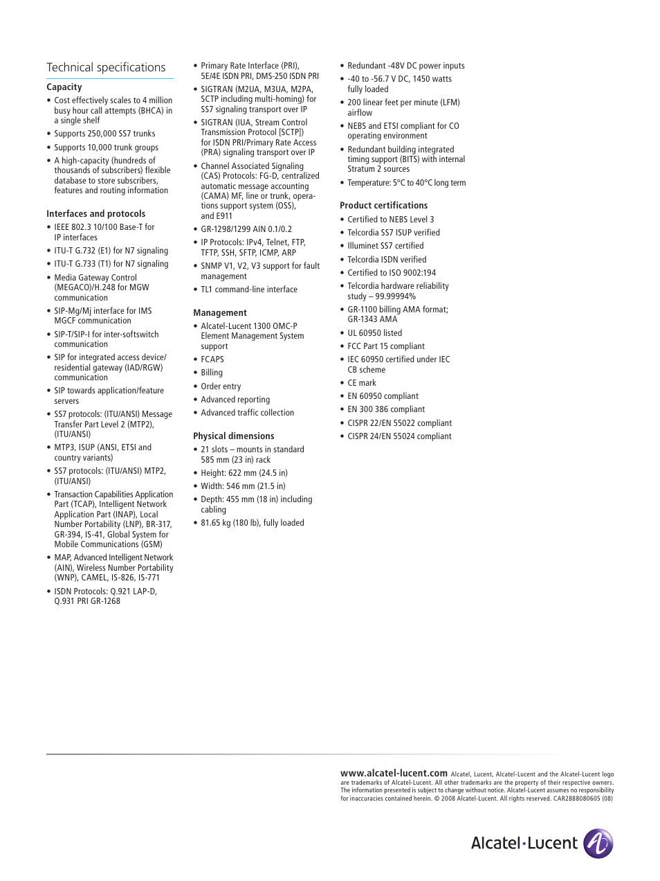Technical specifications | Alcatel-Lucent 5020 MGC-8 User Manual | Page 4 / 4