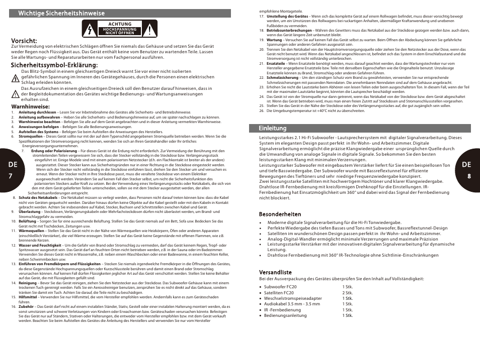 De 7-8, De 7 de, Wichtige sicherheitshinweise | Vorsicht, Einleitung, Sicherheitssymbol-erklärung | Microlab FC 20 User Manual | Page 5 / 17