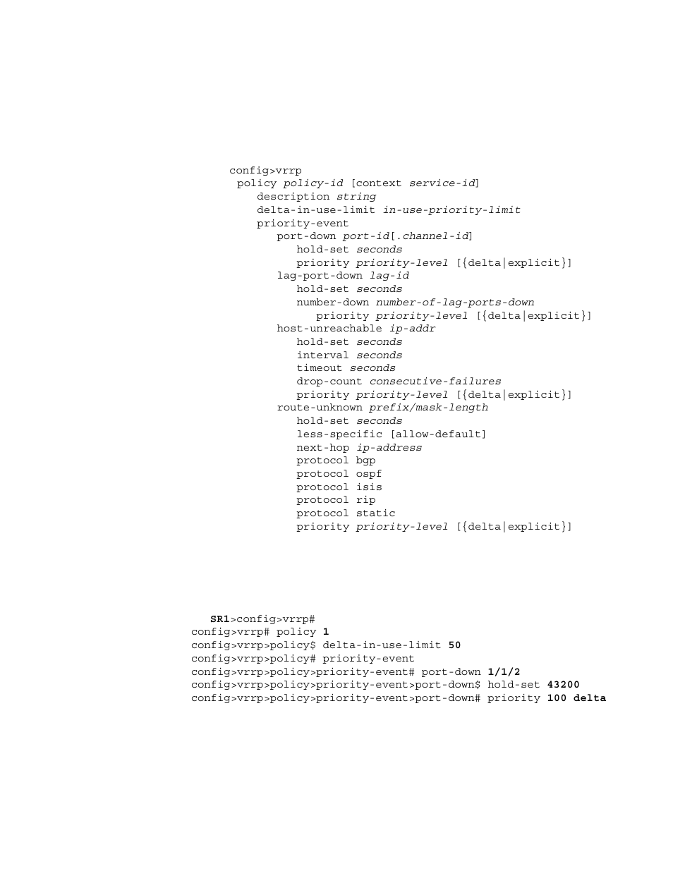 Configuring vrrp policy components | Alcatel-Lucent 7750 SR OS User Manual | Page 209 / 482