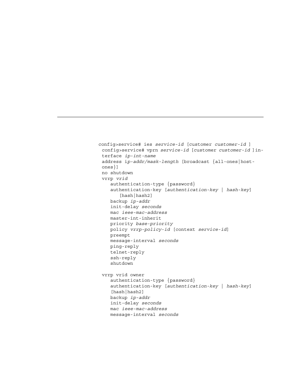 Configuring ies or vprn service vrrp parameters | Alcatel-Lucent 7750 SR OS User Manual | Page 211 / 482