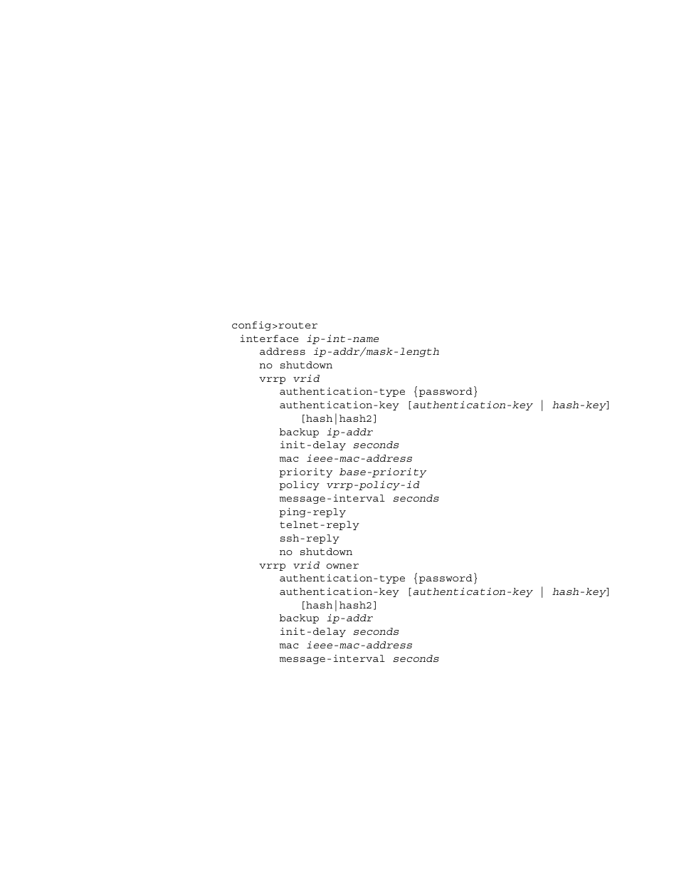 Configuring router interface vrrp parameters | Alcatel-Lucent 7750 SR OS User Manual | Page 215 / 482