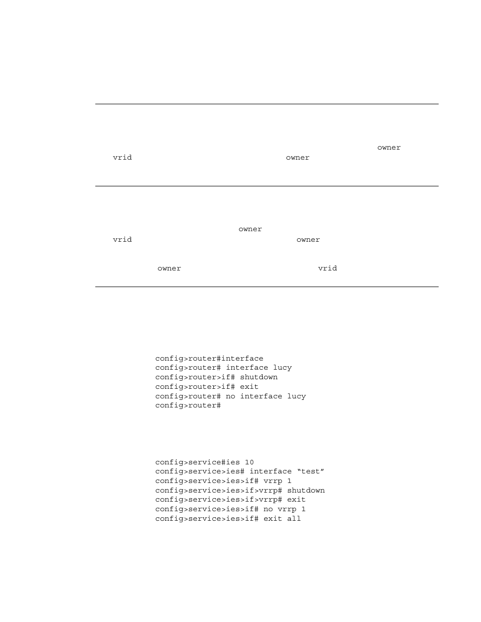 Modifying service and interface vrrp parameters, Modifying non-owner parameters, Modifying owner parameters | Deleting vrrp on an interface or service | Alcatel-Lucent 7750 SR OS User Manual | Page 221 / 482