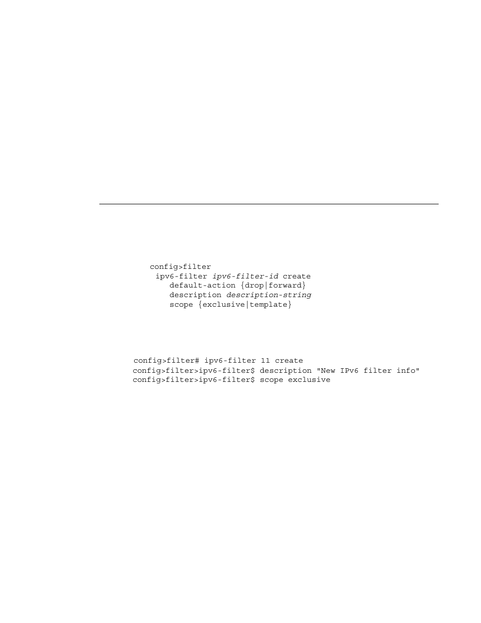 Creating an ipv6 filter policy, Ipv6 filter policy | Alcatel-Lucent 7750 SR OS User Manual | Page 317 / 482