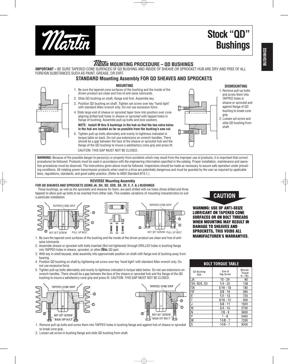 Martin Sprocket & Gear QD Bushings User Manual | 1 page