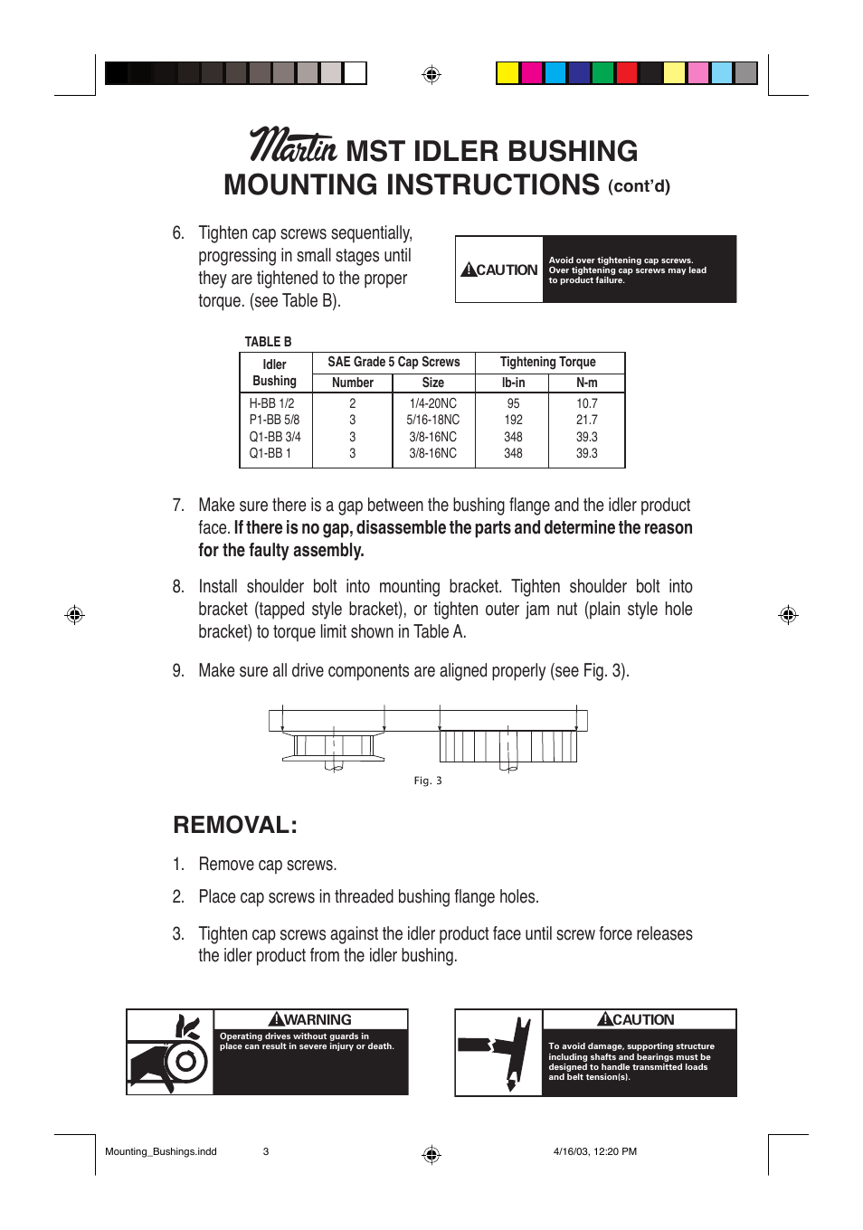 Martin, Mst idler bushing mounting instructions, Removal | Martin Sprocket & Gear MST Idler Bushings User Manual | Page 2 / 2